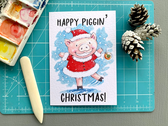 Happy Piggin' Christmas Card - Luxury Pig Humorous Pack Of Festive Cards, Cute Illustration, Season's Greetings