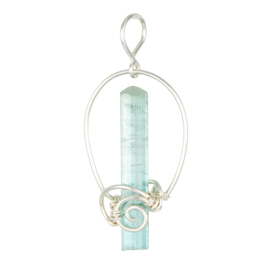 Blue Tourmaline Crystal Pendant Sterling Silver Wire Wrapped - Tourmaline Pendant Green Blue Stone 91