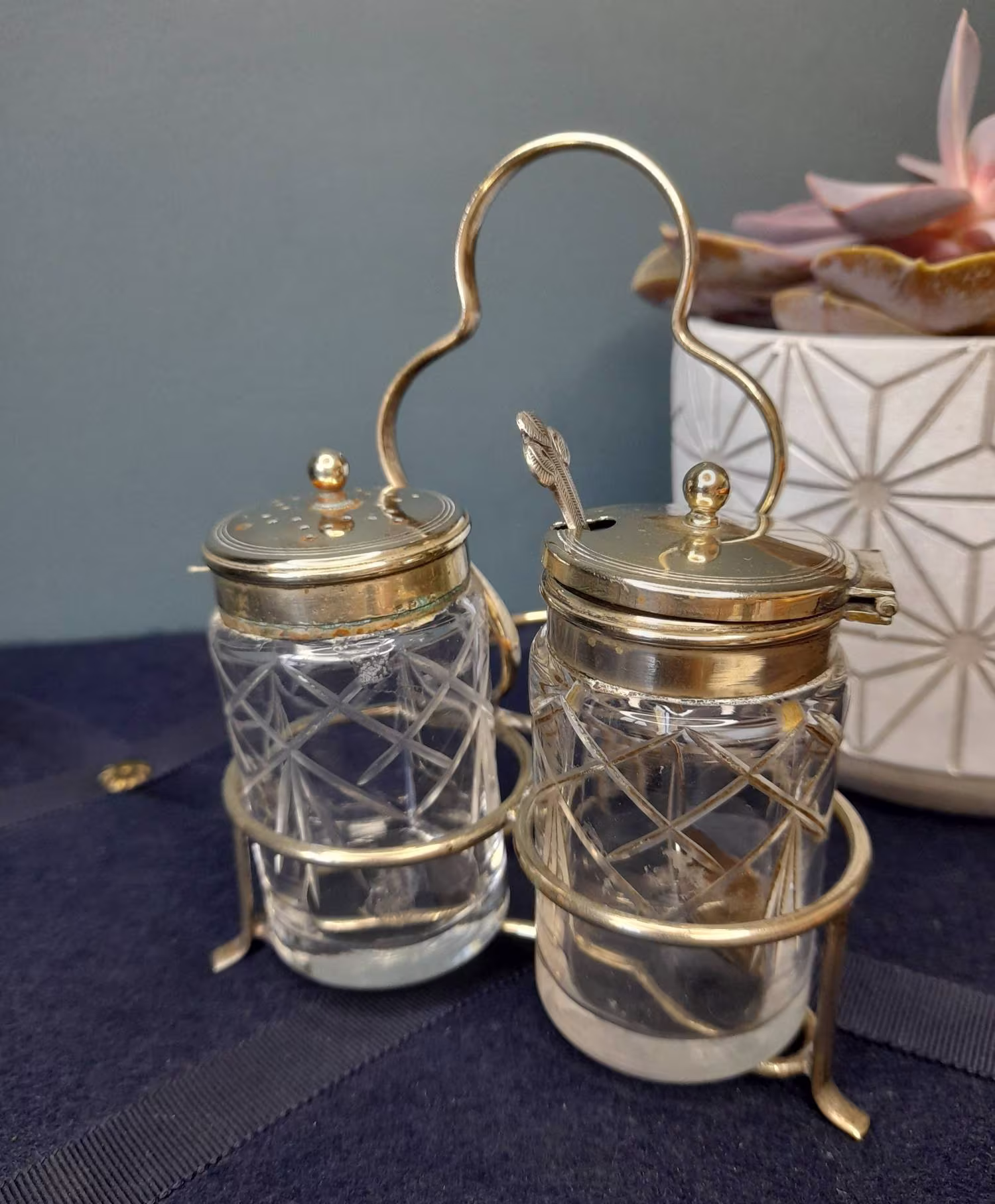 Antique Victorian Cruet Set On Metal Caddy - Salt Shaker/Mustard Pot With Spoon Epns Glass