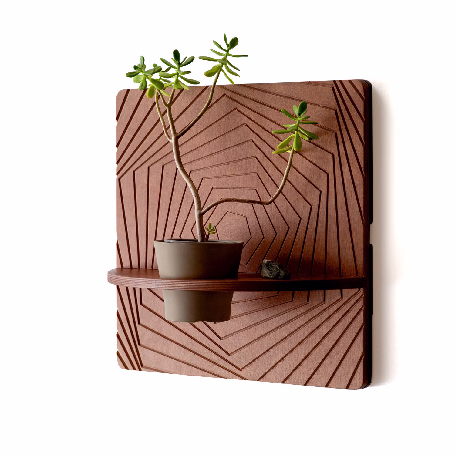 Karvd Hex - Hanging Wall Planter Mounted Plant Stand Indoor Shelf Vertical Garden Wood Carved Geometric Art