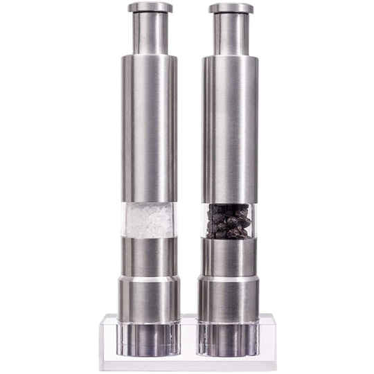 Salt and Pepper Grinder Set, Original Pump are Refillable, Modern Thumb Press Grinder Silver suit plus base
