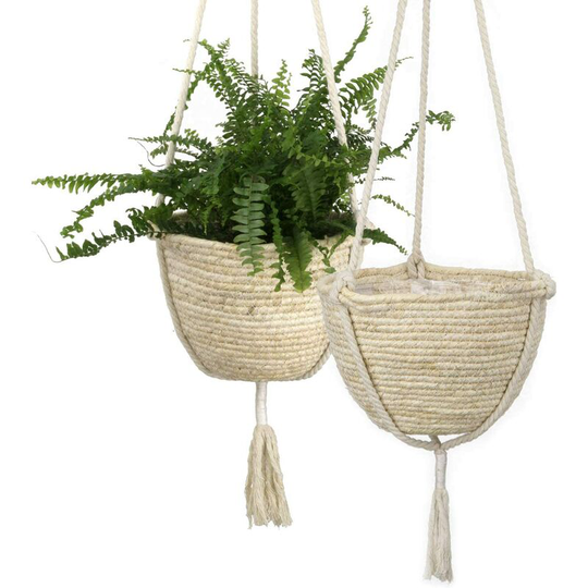 Natural Sea Grass Hanging Planter Baskets, Eco-Friendly Indoor Plant Pots, Planter Lid, Corn Skin, 25cm x 16cm, Set of 2