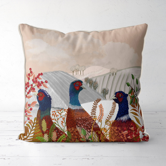 Bird Pillow Cover, Pheasant Trio in Winter Field, British Bird Wildlife Cushion, Country Cottage Seasonal Decor, Christmas Cover