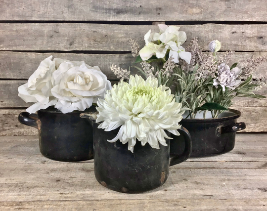 3 Vintage Porcelain Pots Enamelware W Rust, Black, Garden, Plant Pots, Quality, Heavy, Indoor Outdoor, Metal