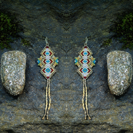 Aquita Sagrada Sacred Water Earrings, Beaded, Stone, Clay, Multiple Colors, Medicine, Diamond, Nature, Metal, Handwoven, Stitched, Short