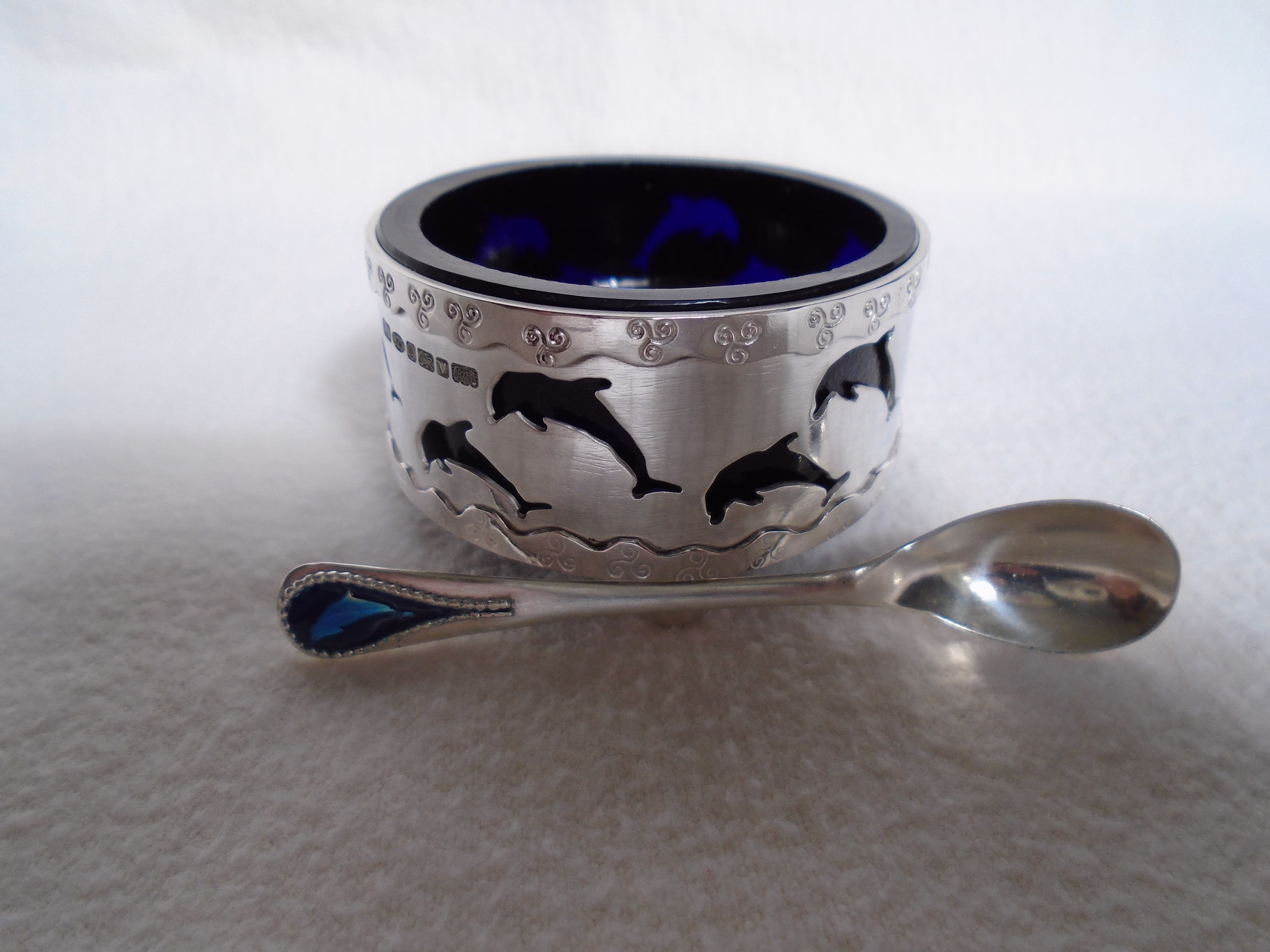 Hallmarked Sterling Silver Salt Dish Showing Leaping Dolphins, With Antique Blue Glass Liner & Accompanying Spoon