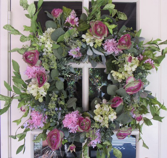 Lilac Greenery Wreaths Hydrangea Eucalyptus Door Decor Ranunculus Lamb's Ear Wreath Pink Green Summer Flower Garden