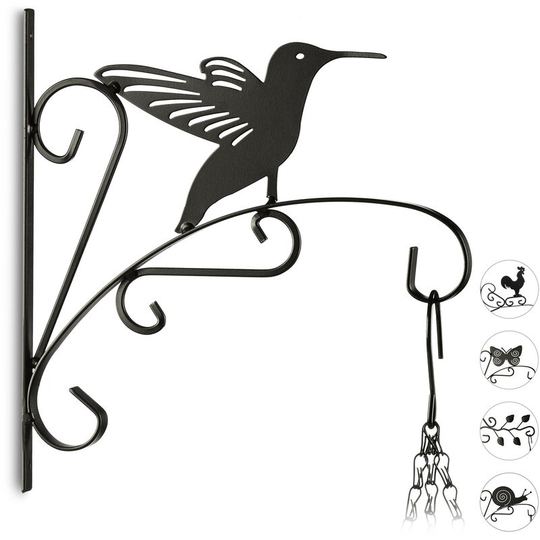 Plant Hook with Bird, Flower Pot Hanger for the Wall, Metal Garden Decor, Hummingbird, HxWxD: 30 x 28 x 2 cm, Black - Relaxdays