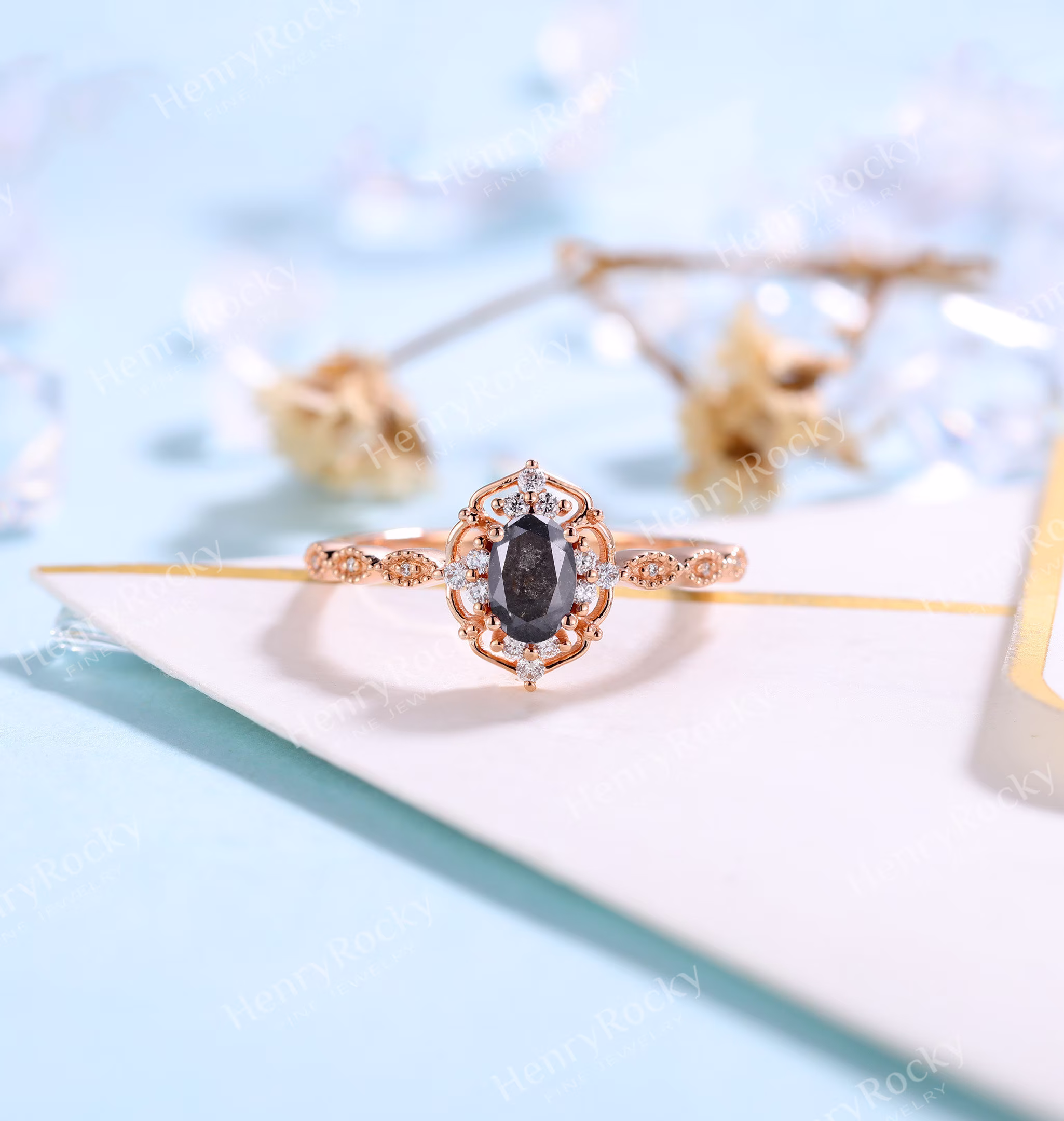 Vintage Salt & Pepper Diamond Engagement Ring Oval Shaped Rose Gold Milgrain Art Deco Moissanite Wedding Anniversary Promise