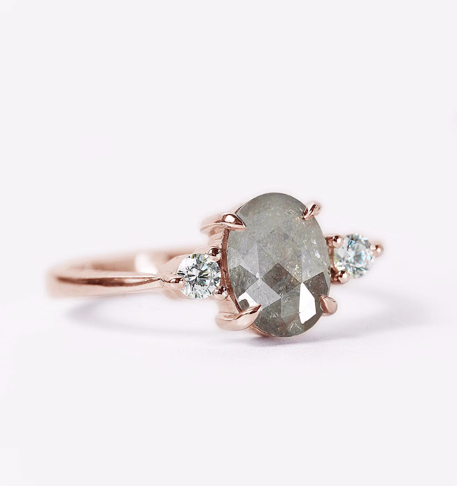 Oval Salt & Pepper Diamond Engagement Ring | 9K/14K/18K Rose Gold Alternative Vintage Three Stones