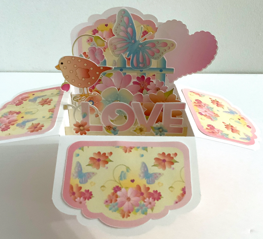 Love Pop Up Box Card , Blank Butterfly Bird Pink Flowers Garden Plant Life Heart Family Friend