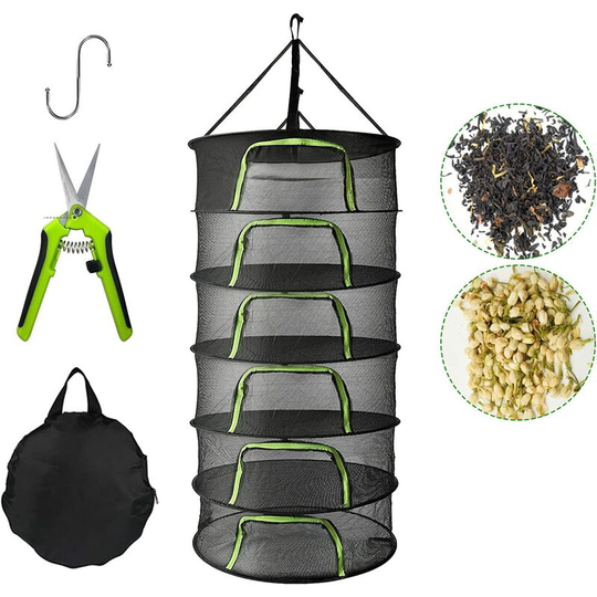 Modou - Black Hanging Drying Net, 6 Layers Foldable Grass Hanging Net with Zippers, Plant Drying Rack for Drying Fruits, Vegetables, Fish