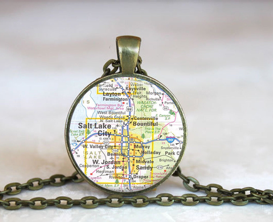 Salt Lake City Necklace, Utah Necklace Map Pendant Jewelry Key Chain Ring Keychain Fob Keyring