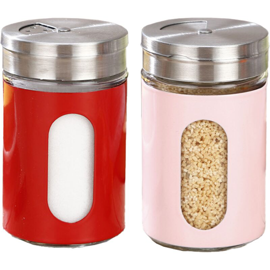 Salt and Pepper Shakers Stainless Steel and Glass Set with Adjustable Pour Holes 1pcs red + 1pcs pink