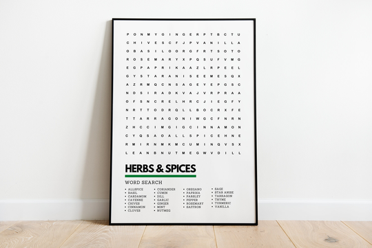 Herbs & Spices Kitchen Wordsearch Art Print Poster A4 A3 | Cooking Wall Decor
