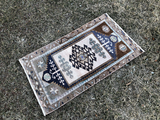 Neutral Vintage Rug, Small Oushak Runner, Mini Turkish 2x3 Boho Oriental Door Mats, Brown & Blue Entry Rug Indoor 1'9"x3'1