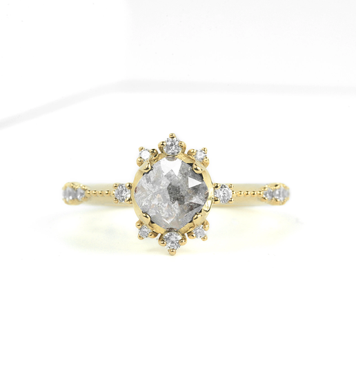 Cushion Cut Salt & Pepper Diamond Cluster Ring | Dainty Art Deco Dimond Bridal For Her - Free Shipping