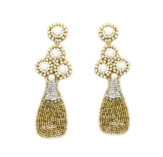 Champagne Earring, Seed Bead Statement Bottle Gift For Her, Wedding, Bridal Shower