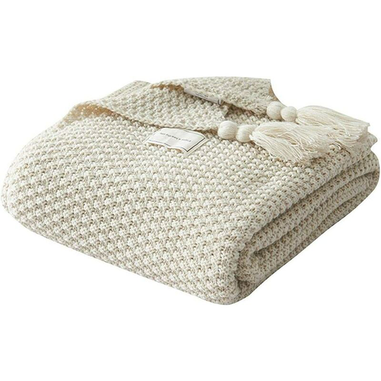 Knit Blanket Plaids Sofa Bedspread Table Mat Soft Warm Nordic Bed Throws with Handmade Fringe for Beach Picnic All Seasons (Beige, 70 x 100cm)