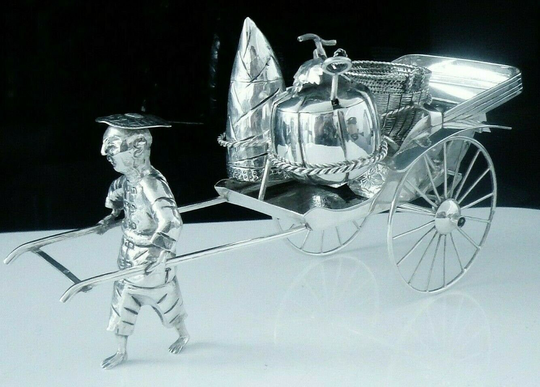 Silver Condiment Set, Large, Antique, Table, Pepper Pot, Open Salt, Mustard, Spoon, Novelty, Rickshaw, Chinese Export, C.1900, Ref587F
