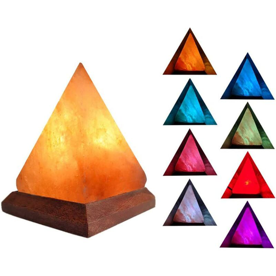 Pyramid salt lamp, coloured Himalayan salt ion lamp with negative light emission and wooden base