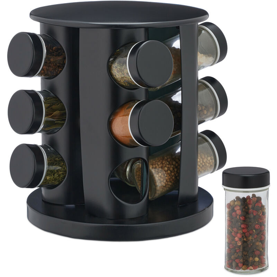 Relaxdays - Spice Rack, 12 Glass Jars, Rotatable, Stainless Steel, h x d: approx. 22 x 19 cm, Black
