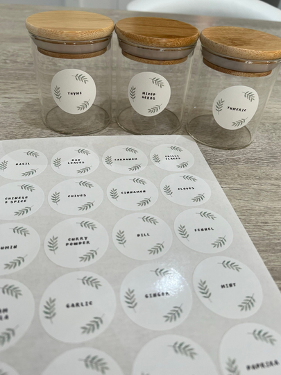 35 Herbs & Spices Labels Personalised Stickers 37mm Gloss Kitchen Cooking Home Organising
