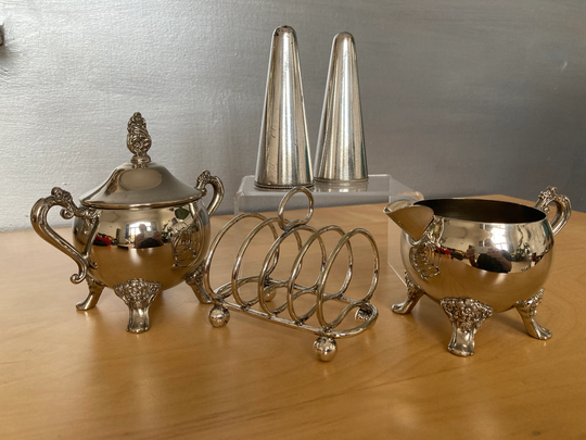Breakfast Table Setting, Silver Plated Breakfast Set, Toast Rack, Salt & Pepper Shakers, Milk Jug