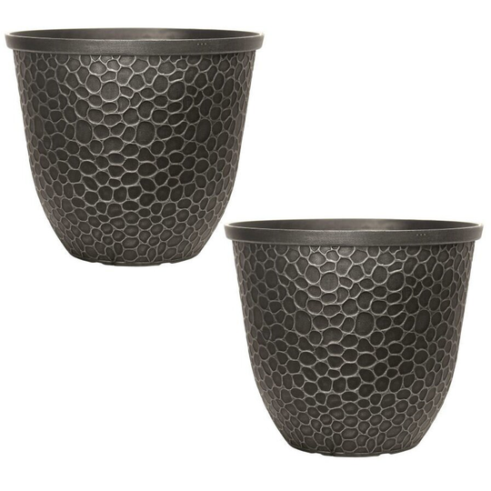 Set Of 2 11.5L Silver Grey Plastic Plant Pot 30cm Hammered Round Garden Planter