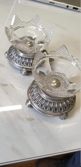 Antique Ehrengerg Silver Plate & Crystal Glass Top Pair Of Table Salts