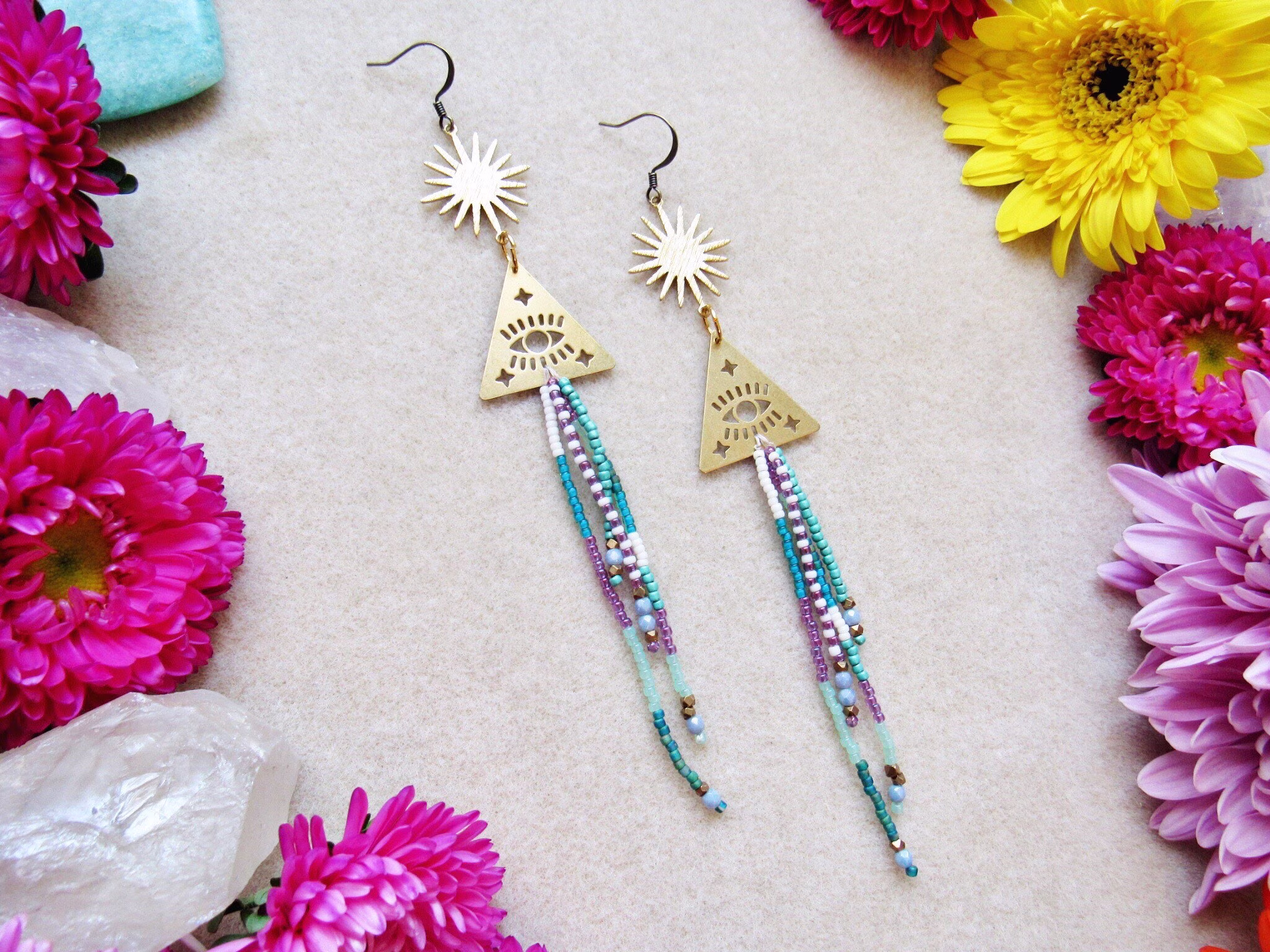 Boho Beaded Earrings, Seed Bead Third Eye Charm, Bohemian Jewelry, Fringe Gift For Her