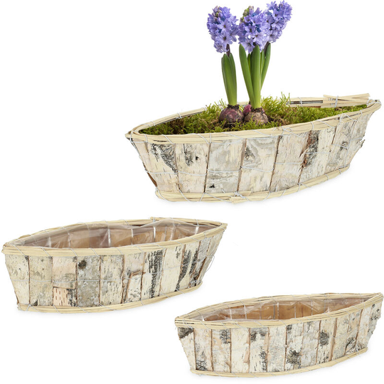 Relaxdays - 3x Boat Shaped Flowerpots, Birch Bark and Pine Wood, Flowers & Herbs, Planters with Foil, 3 Sizes, Natural