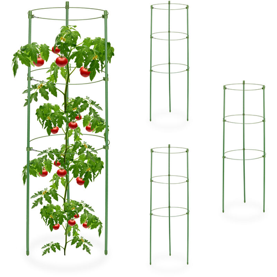 Climbing Aid Set of 4, Metal & Plastic, 60 cm, 3 Adjustable Rings, Trellis Frame Vines Garden Plants, Green - Relaxdays