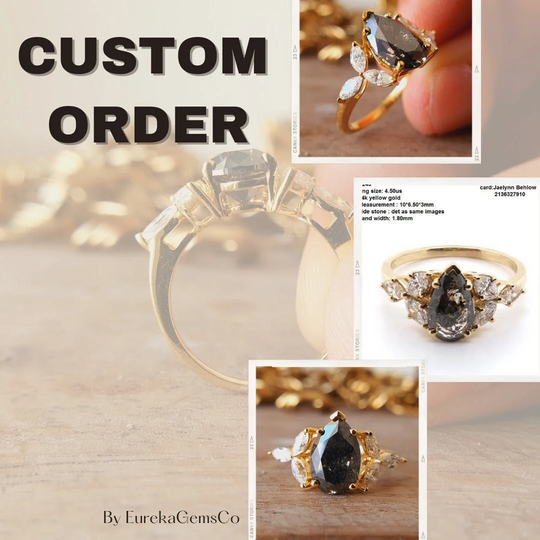 Custom Engagement Rings, Salt & Pepper Diamond Ring, Pear Cut Moissanite Side Stone Marquise Ring
