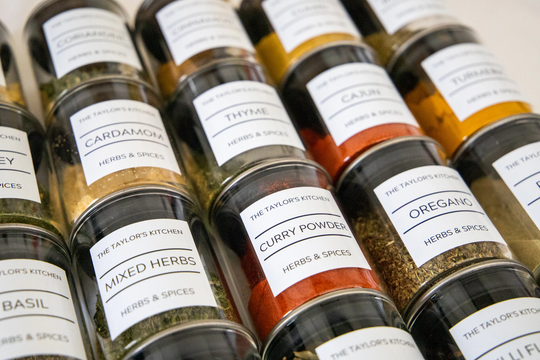 Set Of 6 Spice Jars With Spice Jar Label Pantry Organisation Eco Storage Jars Cupboard Tidy Personalised Clean Living