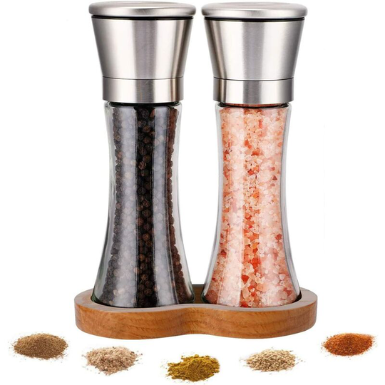 Stainless Steel Pepper Mill, 2 Adjustable Ceramic Manual Grinder, Spice Grinder with Glass Body, for Herbs Suitable for Coarse Sea Salt, Pepper
