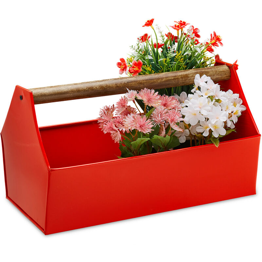 Zinc Box With Wooden Handle, Decor - Tool Box, Flowers & Herbs, Balcony, Planter, Galvanized Iron, Red - Relaxdays