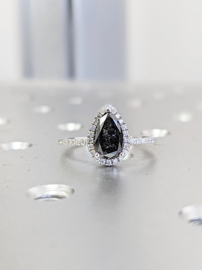 1920's Raw Salt & Pepper Diamond Halo, Pear Moissanite Halo Ring, Unique Engagement Bridal Set, Black Gray 14K Yellow Rose White Gold