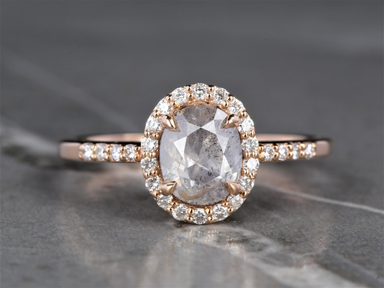 Salt & Pepper Diamond Ring 14K Gold Natural Oval Cut Engagement Halo Anniversary Gift For Her