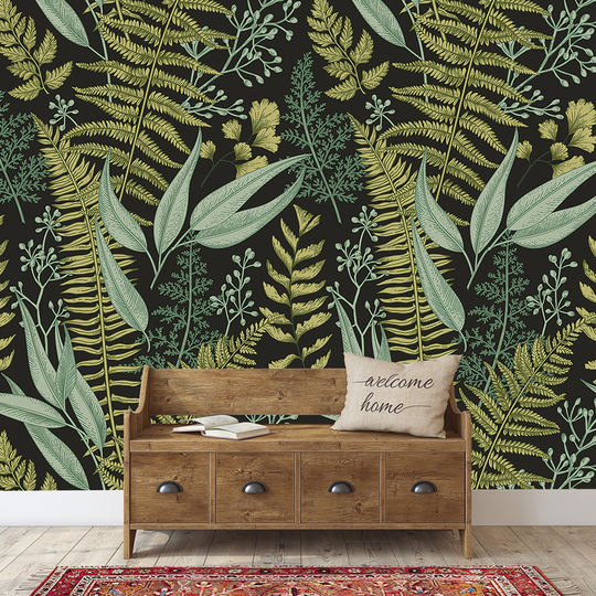 Botanical Wallpaper, Ferns Wall Mural, Green Home, Herbal Decorations, Peel & Stick, Removable Temporary Wall Art