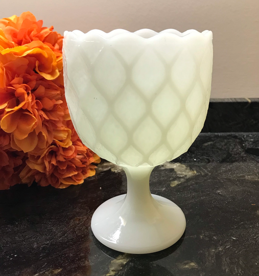 Vintage Eo Brody Milk Glass Goblet Style Planter Or Pedestal Bowl With Embossed Pattern, Jewelry Bowl, Vanity Decor, 30Th Birthday Gift