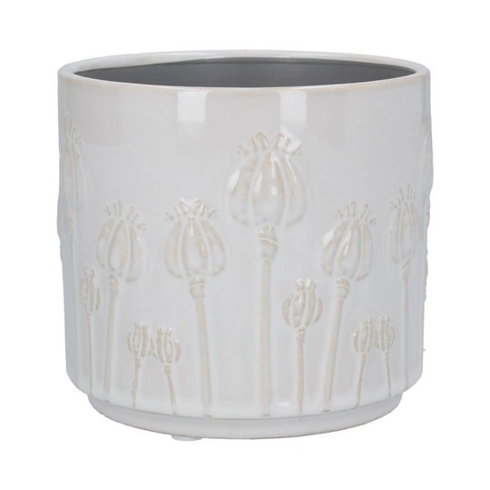 Cream Plant Pot Cover - White Flower Pattern Planter Glazed Ceramic Holder Embossed Poppy Heads Indoor House