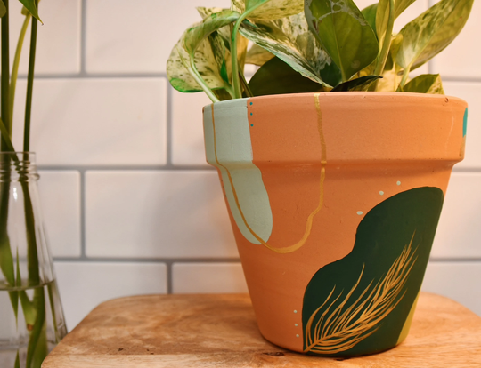 Boho Planter, Plant Pot , Housewarming Gift, Gold Leaf, Boho Chic , With Drainage. Terracotta Pot, Hand Painted