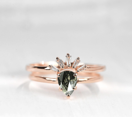 Pear Cut Salt & Pepper Diamond Ring Tapered Baguette Wedding Band | 9K/14K/18K Rose Gold Curved