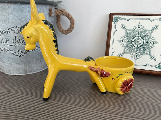 Cute Kitsch Yellow Donkey & Cart, Hand Painted Retro Planter, Ornament