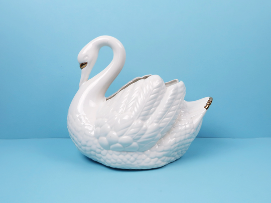 Large Swan Planter - Vintage Ceramic Figurine Vase Decorative White Gold Bird Bowl Mid Century Modern Tabletop Shelf Accent Home Decor
