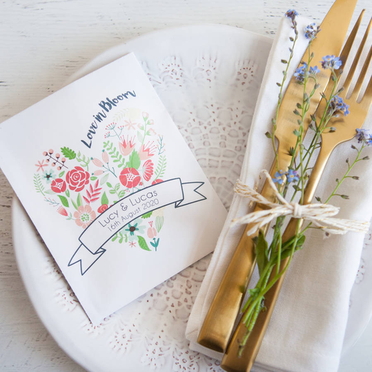 10 'Love In Bloom' Personalised Seed Packet Favours, Brown/White