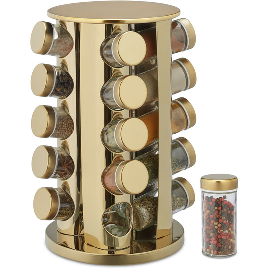 Relaxdays Spice Rack, 20 Glass Jars, Rotatable, Stainless Steel, H x D: approx. 33.5 x 23 cm, Gold