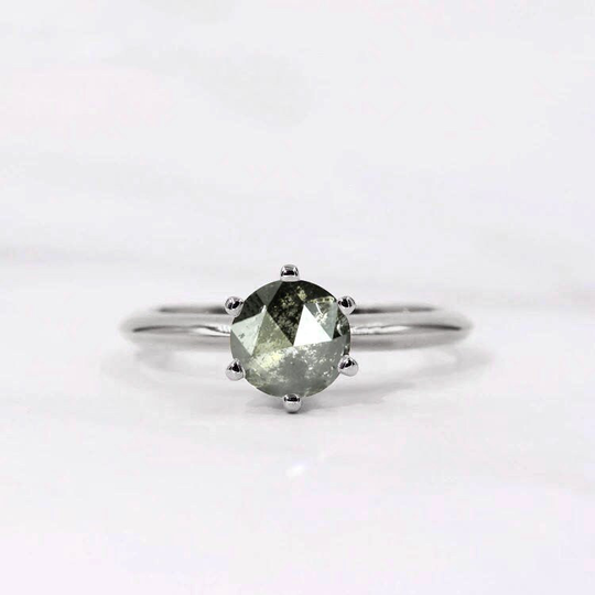 Salt & Pepper Diamond Six Prongs Solitaire Ring | Round Grey Dainty Engagement 9K/14K/18K White Gold Bridal Art Deco