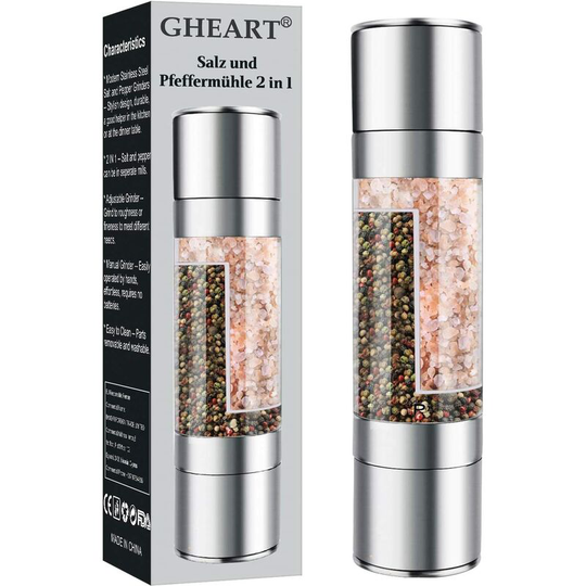 Modou - Pepper Mill, Manual Salt Mill, 2-in-1 Spice Grinder, Adjustable Grit Size, Pepper Shaker and Salt Shaker, Brushed Steel Salt and Pepper